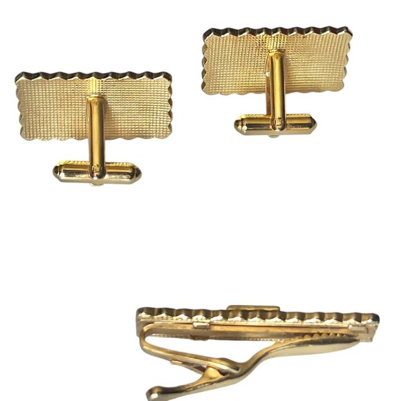 Vintage Gold-Tone Cufflinks & Tie Clip Set With Fleur De Lis & Heart Scroll Desi - Picture 3 of 11